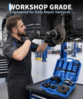 Top Notch 85Mm Front Hub Bearing Removal And Installation Kit Featuring Tough Steel Puller Clamps, man using kit under car.