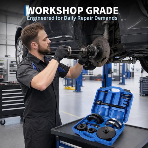 Top Notch 85Mm Front Hub Bearing Removal And Installation Kit Featuring Tough Steel Puller Clamps, man using kit under car.