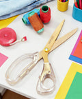 Go-To Everyday Office And Craft Scissors With Titanium Coated Blades And Clear Ergonomic Handles, Durable 3 Pack For Home Desk Or School Projects, Gold Finish For Sharp Clean Cuts, gold scissors on craft desk