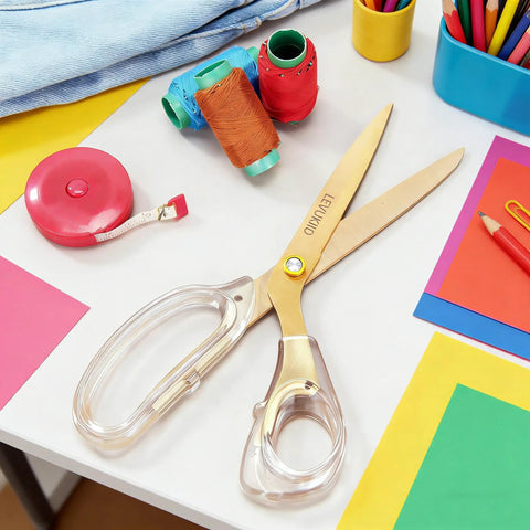Go-To Everyday Office And Craft Scissors With Titanium Coated Blades And Clear Ergonomic Handles, Durable 3 Pack For Home Desk Or School Projects, Gold Finish For Sharp Clean Cuts, gold scissors on craft desk