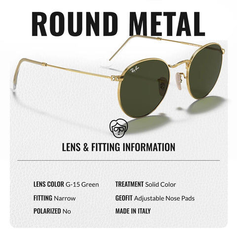 Round Frame Non Polarized Sunglasses For Men With G15 Green Lens, featuring polished gold frame and narrow fitting, style transitions.