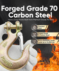 Top Shelf Heavy Duty Grade 70 Steel Clevis Slip Hooks With Secure Safety Latch 5/16 Inch Chain Hook Set showing a forged steel hook with safety latch.