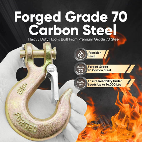 Top Shelf Heavy Duty Grade 70 Steel Clevis Slip Hooks With Secure Safety Latch 5/16 Inch Chain Hook Set showing a forged steel hook with safety latch.