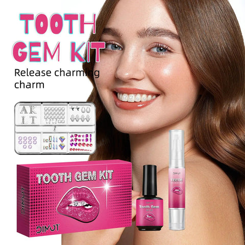 Do It Yourself Tooth Gems Kit With Light At Home Teeth Jewelry Kit For Men And Women Pro Grade Dental Gem Set 2025 New Easy Application Safe Clean Drills Salon Quality Sparkle For Every Smile, showing smile and product packaging with inclusions.