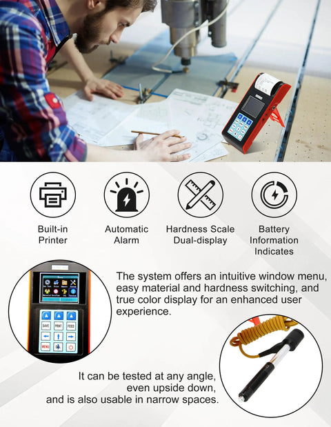 Digital Hardness Tester With Built In Printer And Full Color Display, 7 In 1 Metal Hardness Meter on a table in workshop setting