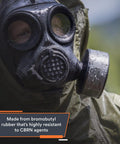 Kickass Full Face Respirator Mask For Tactical Civilians Premium CBRN Gas Mask close-up of mask showing rubber material and filter.