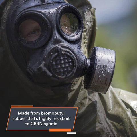 Kickass Full Face Respirator Mask For Tactical Civilians Premium CBRN Gas Mask close-up of mask showing rubber material and filter.