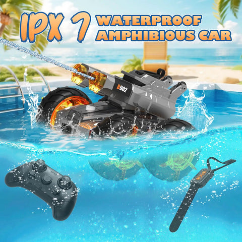 Dope Amphibious RC Car With Water Gun for Land and Water Play floating in pool with remote controllers, perfect for kids 8+