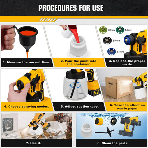 Kick The Cords To The Curb With This Cordless HVLP Paint Sprayer Featuring A Brushless Motor Dual 4000 Mah Batteries And Five Brass Nozzles For Smooth Diy Home Furniture And Fence Jobs That Are Absolute Game Changers. Steps for using the HVLP paint sprayer, showing paint measurement and nozzle replacement.