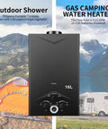 Image showing Portable Tankless Water Heater 4.21 GPM Outdoor Propane Gas On Demand with Digital Display next to camping gear.