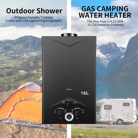 Image showing Portable Tankless Water Heater 4.21 GPM Outdoor Propane Gas On Demand with Digital Display next to camping gear.