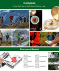 Image showing Dope 28 In 1 Survival Kit For Outdoor Lovers It Does It All Emergency Gear with compass and emergency blanket.
