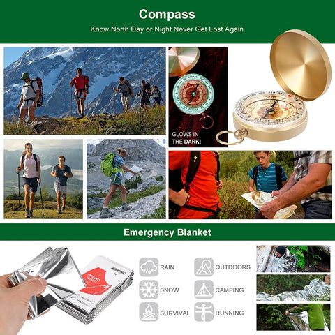 Image showing Dope 28 In 1 Survival Kit For Outdoor Lovers It Does It All Emergency Gear with compass and emergency blanket.