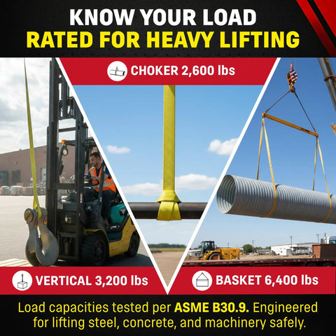 Heavy Duty Rock Solid 1 Inch By 16 Foot Nylon Lifting Sling Built Different For Industrial Rigging Rated At 3200 Lb Vertical And 6400 Lb Basket Capacity All Usa Built No Sweat Workhorse Eye To Eye Strap with lifting capacities