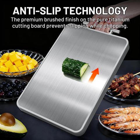 Two In One Titanium And Ebony Wood Cutting Board With Handle And Juice Groove, double sided with cucumber on titanium surface