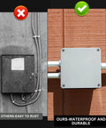 6 By 6 By 3 Inch Outdoor Electrical Junction Box IP65 Weatherproof Plastic Enclosure Tough As Nails Dustproof Waterproof With Gasket And Screws Gray White Finish For Protecting Conduits And Fittings In Outdoor Projects. Gray plastic junction box mounted outdoors on wood with conduit and screws