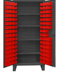 Heavy Duty Steel Locking Cabinet With 96 Red Hook On Parts Bins, 36 Inches Wide, interior view showing red bins and shelves.