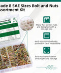 Badass Grade 8 Bolt And Nut Assortment Kit Packed With Lock And Flat Washers In Diverse Sae Sizes Crafted From Heavy Duty Alloy Steel, shown in organized storage box.