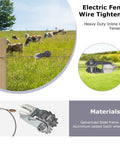 Heavy Duty Electric Fence Tensioner With Integrated Insulator securing wire on farm fence with cows in background