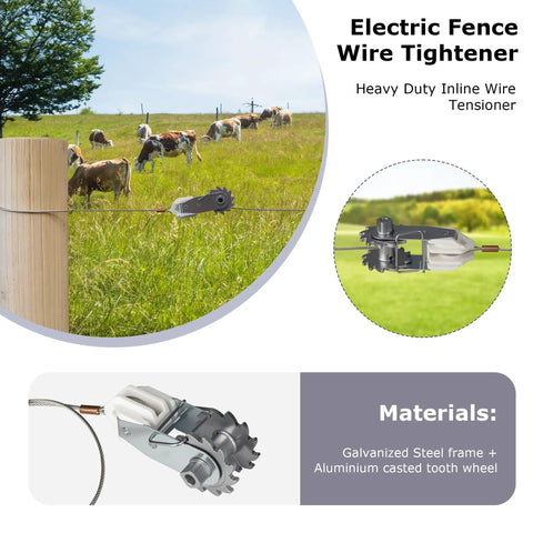 Heavy Duty Electric Fence Tensioner With Integrated Insulator securing wire on farm fence with cows in background