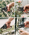 Ratchet Pruning Shears For Thick Branches in hand, cutting rose stems, durable aluminum handles, 3-step ratchet action, garden use