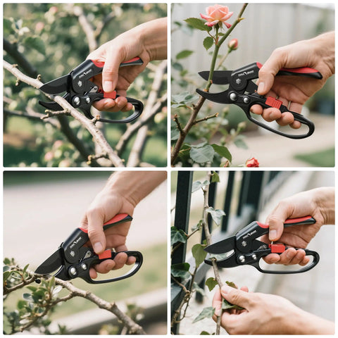 Ratchet Pruning Shears For Thick Branches in hand, cutting rose stems, durable aluminum handles, 3-step ratchet action, garden use