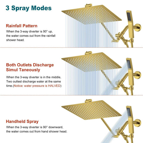 Brushed Gold 12 Inch Square Shower Head Kit With 3 Way Diverter Holder Extension Arm And Hose All Metal 304 Stainless Steel And Brass Construction Built To Last Rustproof Self Cleaning 196 Silicone Nozzles showing 3 spray modes