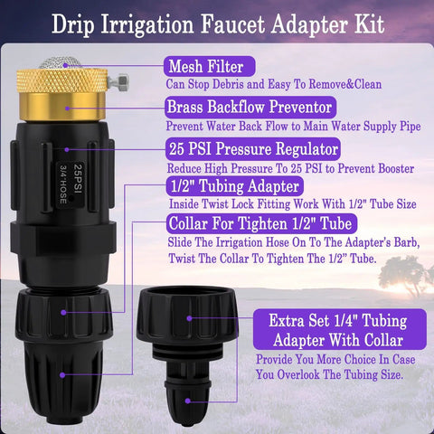 All In One Drip Irrigation Faucet Adapter Kit With 25 PSI Regulator And Filter Backflow Preventer components layout