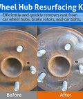Before and after rust removal using Wheel Hub Cleaning Tool And Stud Cleaner Kit with six grinding bits for hub resurfacing