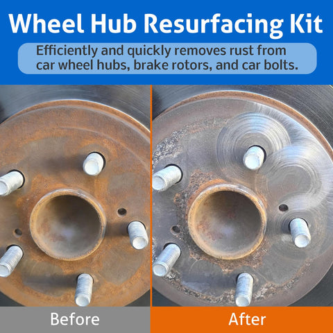 Before and after rust removal using Wheel Hub Cleaning Tool And Stud Cleaner Kit with six grinding bits for hub resurfacing