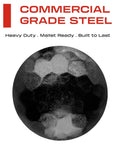 Close-up of a hammered black clavo nail showcasing rust resistant finish for woodwork, text reads 'Commercial Grade Steel'