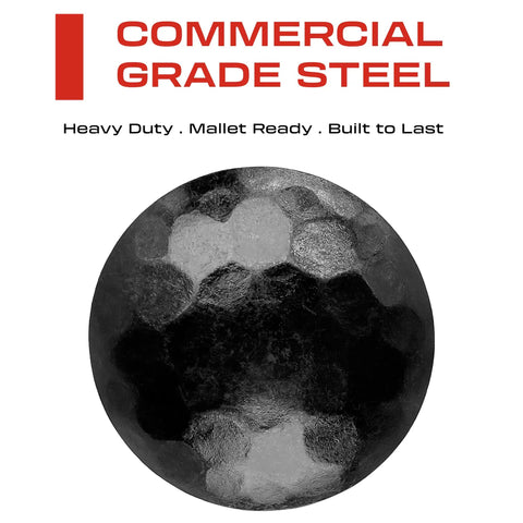 Close-up of a hammered black clavo nail showcasing rust resistant finish for woodwork, text reads 'Commercial Grade Steel'