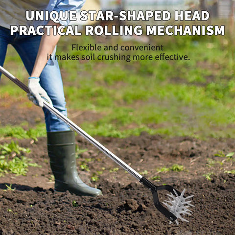 Person using Rotary Cultivator Garden Tool With Adjustable Long Handle Hand Tiller For Aerating And Planting Soil in garden field.