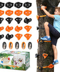 Child using 20 Ninja Tree Climbing Holds Kit with 6 Ratchet Straps for outdoor training, bright orange and black holds visible