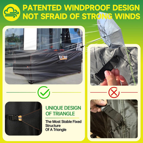 Heavy Duty Outdoor Patio Furniture Cover For Rectangular Sets Waterproof Weatherproof UV Guard Shield For Sectional Sofas Dining Tables And Chairs Built To Last 90 By 65 By 28 Inches Black showcasing windproof straps and triangle design
