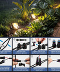 Six Pack Low Voltage Landscape Lighting Kit with 12W Well Lights and installation steps shown next to garden pathway.