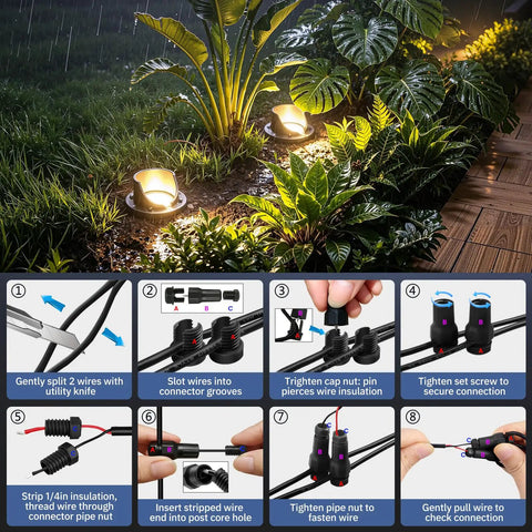 Six Pack Low Voltage Landscape Lighting Kit with 12W Well Lights and installation steps shown next to garden pathway.