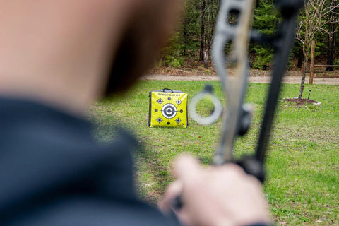 Archer aiming at Beast 24 Inch Dual Sided Archery Target For 475 FPS Compound Bows And Crossbows in backyard practice scene.