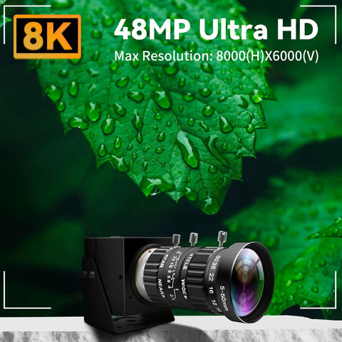 Top Tier 48MP USB Webcam Pumping Out Straight Fire 8K Ultra HD Video With 5 To 50MM 10X Manual Zoom Lens on a leaf background.