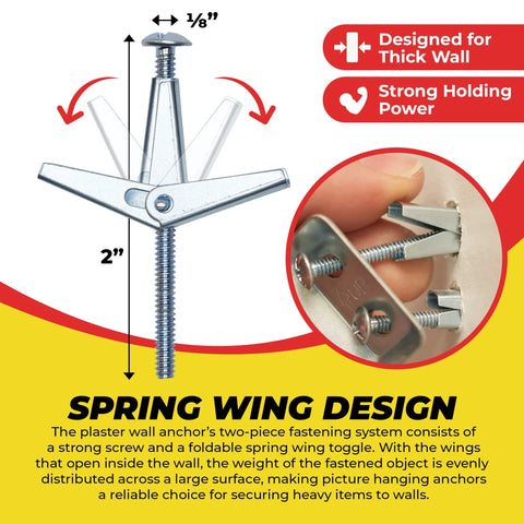 Spring Toggle Bolt Anchors Heavy Duty Wall Anchors For Hollow Walls One Eighth Inch By Two Inches Stainless Steel Pack Of 20 For Hanging Frames Shelves Mirrors And More High Load Support In Small Holes featured in open and installed views