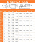 Specifications chart for Beefy Battery Cable Ends Kit With 220 Pcs Copper Wire Lugs In AWG Two Zero Through Eight Heavy Duty Terminal Connectors Bolt Hole Options One Quarter To One Half Inch Includes One Hundred Twenty Pcs Heat Shrink Tubing For Fast Wiring.