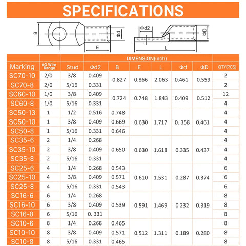 Specifications chart for Beefy Battery Cable Ends Kit With 220 Pcs Copper Wire Lugs In AWG Two Zero Through Eight Heavy Duty Terminal Connectors Bolt Hole Options One Quarter To One Half Inch Includes One Hundred Twenty Pcs Heat Shrink Tubing For Fast Wiring.