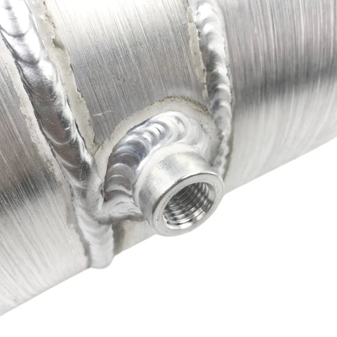 Close-up of Aluminum 1 Gallon Gas Tank For Mini Bike And Go Kart With 6x10 Inch Center Fill And Quarter Inch NPT Outlet