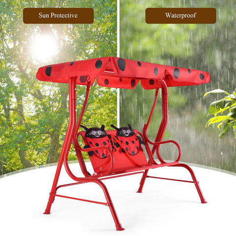 Two Seat Porch Swing With Adjustable Canopy And Stand, Kid Friendly Outdoor Swing Bench, red metal frame, sun and rain proof