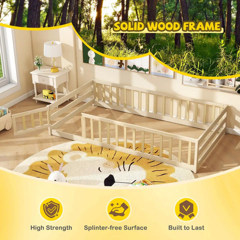 Totally Kid Approved Wooden Floor Bed With Secure Lockable Door And Heavy Duty Guardrails, Low Profile Montessori Sleeping Platform For Toddlers in a cozy room.