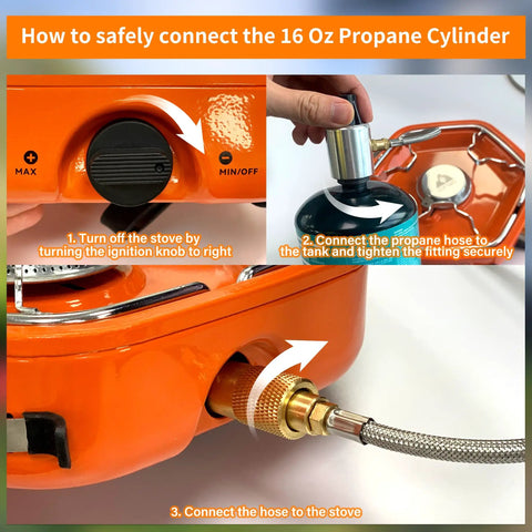 Instructions to connect propane cylinder to Portable One Burner Propane Camp Stove With Carry Strap For Backpacking Outdoor Cooking
