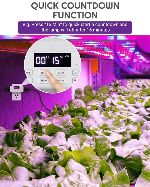 Slick Indoor Dual Plug In Countdown Timer Outlet Two Pack with big screen showing countdown for plant lighting.
