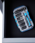 Pro Grade All In One Magnetic Precision Screwdriver Set With 51 Pieces for Electronics Repair in clear case inside a drawer