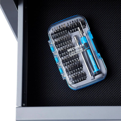 Pro Grade All In One Magnetic Precision Screwdriver Set With 51 Pieces for Electronics Repair in clear case inside a drawer