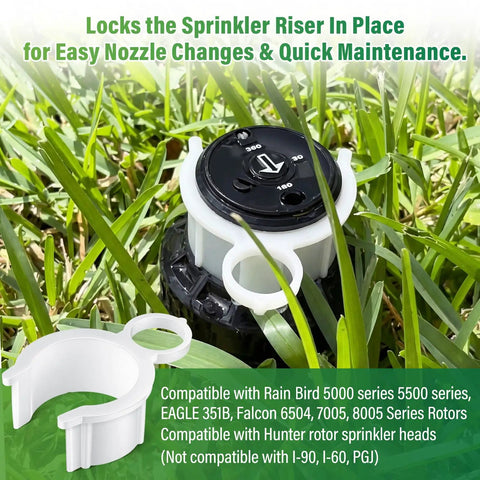 5 Piece Sprinkler Head Tool Kit For Lawn Irrigation DIY Friendly All In One Set Including Pull Up Tool Rotor Adjustment Screwdriver Nozzle Insertion Collar Nozzle Tools And Sprinkler Key For Hunter Rain Bird MP PGP Sprinklers, showing nozzle insertion collar on sprinkler head in grass.
